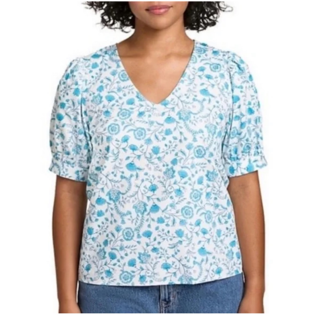 Draper James Floral Puff Sleeve Top V-Neck Blouse Medium